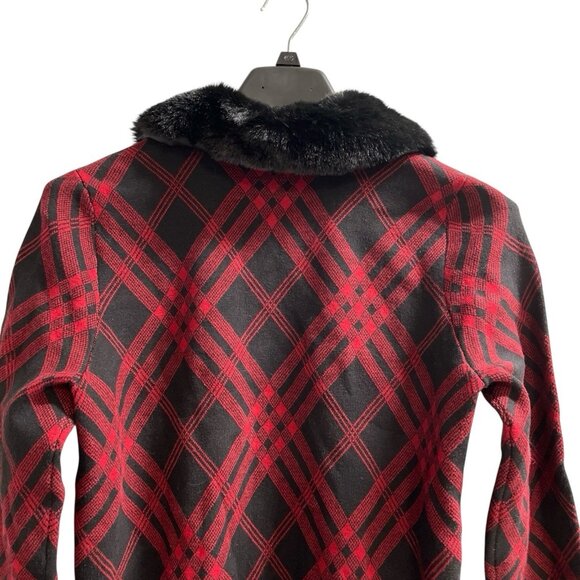 Anne Klein Sweater Jacket M Red Plaid Black Faux Fur Collar Full Zip Cardigan - Picture 4 of 13